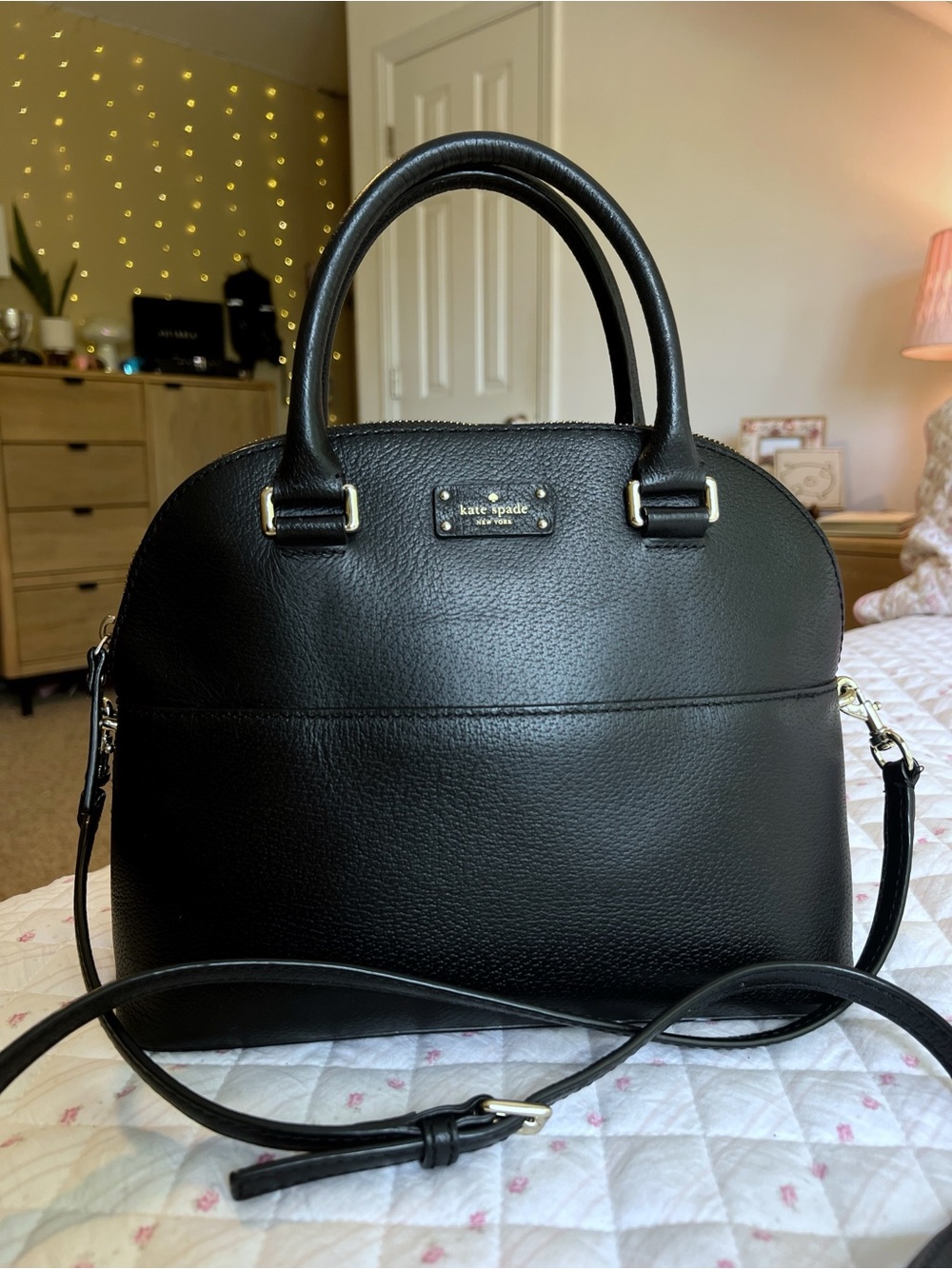 Kate Spade Grove Street Black Pebbled Leather Dome Satchel Crossbody Bag Purse